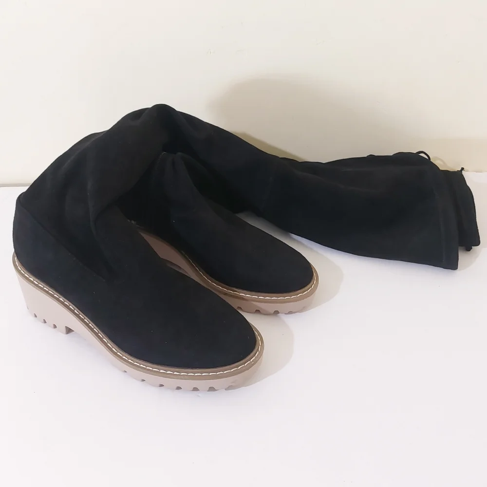 Nicole Miller Bass Black Vegan Leather Grunge Over The Knee Chunky Heeled Boot - Picture 5 of 13